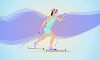 A young woman is running on roller skates with ski poles in her hands. Abstract background.
