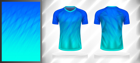 Vector sport pattern design template for T-shirt front and back view mockup. Shades of blue-sky color gradient geometric oblique line texture background illustration. © WK Dannait B