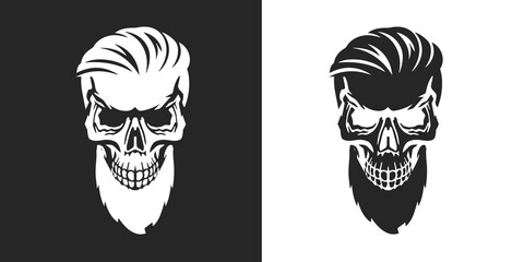 Isolated illustration of a hipster skull with beard, and hairstyle. Modern logo for barbershop, banner, poster in vintage style.