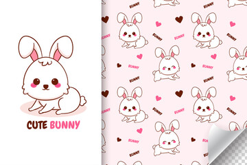 Cute cartoon rabbit character. Kids card and seamless background pattern. Hand drawn design vector illustration.