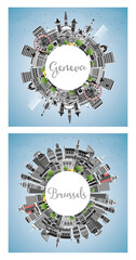 Brussels Belgium and Geneva Switzerland City Skyline Set.
