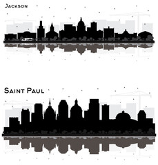 Saint Paul Minnesota and Jackson Mississippi City Skyline Silhouette Set.