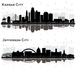 Jefferson City and Kansas City Missouri Skyline Silhouette Set.