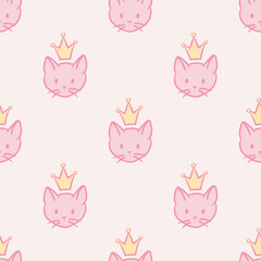 Princess cat, seamless vector pattern, cute background