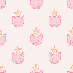 Princess cat, seamless vector pattern, cute background
