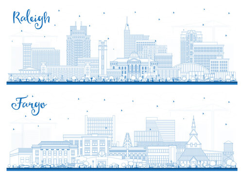 Outline Raleigh North Carolina City Skyline with Blue Buildings.