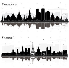 France and Thailand City Skyline Silhouette Set.