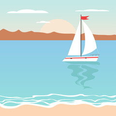 Naklejka premium summer seascape with sunrise, boat and mountains as well as waves and dry land