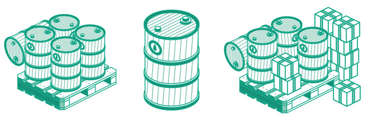 Isometric Outline Oil Barrels and Boxes On Wooden Pallet. - obrazy, fototapety, plakaty
