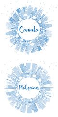 Outline Philippines and Canada City Skyline Set with Blue Buildings and Copy Space.