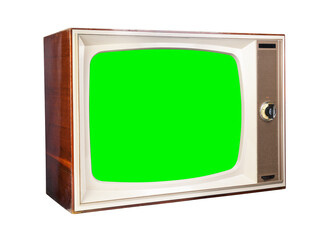 Old vintage 1970s TV with green screen for adding video isolated on white background.Vintage TVs 1960s 1970s 1980s 1990s 2000s. 