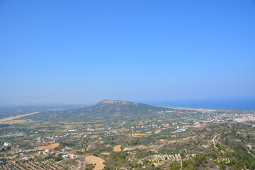 greek island with clear sky, view from top of the mountain