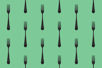 pattern. Fork top view on pastel green background. Template for applying to surface. Horizontal image. Flat lay. 3D image. 3D rendering.