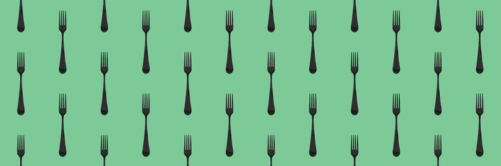 pattern. Fork top view on pastel green background. Template for applying to surface. Horizontal image. Banner for insertion into site. Flat lay. 3D image. 3D rendering.