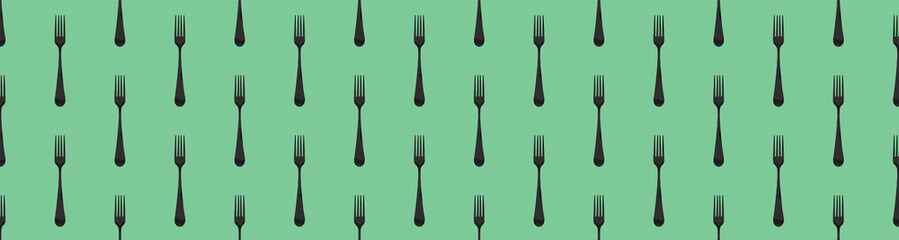 pattern. Fork top view on pastel green background. Template for applying to surface. Horizontal image. Banner for insertion into site. Flat lay. 3D image. 3D rendering.