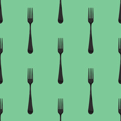 Seamless pattern. Fork top view on pastel green background. Template for applying to surface. Square image. Flat lay. 3D image. 3D rendering.