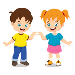Cute boy and girl cartoon in hands heart shape