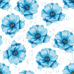 Hand drawn watercolor anemone flower seamless pattern