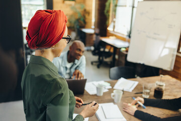 Muslim team leader having a meeting with her colleagues