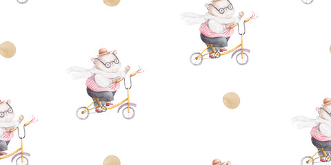 children's seamless pattern with a teddy bear on a bicycle, circus illustration, design, print