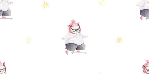 children's seamless pattern with a bear cub on a skateboard, circus illustration, design, print