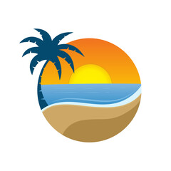 Fototapeta na wymiar Template for the summer holiday logo. Vector illustration, flat design. summer sunset with palm trees hand-drawn illustration.