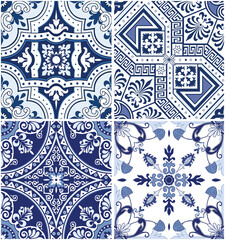 Vintage blue tiled wall and floor with unique mixed design pattern.