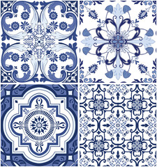 Vintage blue tiled wall and floor with unique mixed design pattern.