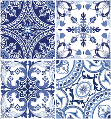Vintage blue tiled wall and floor with unique mixed design pattern.