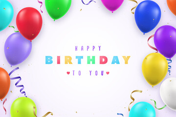 Happy Birthday banner with bright 3d balloons and confetti for party, invitations, birthday cards, flyers. Vector template.