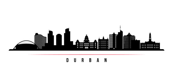 Durban skyline horizontal banner. Black and white silhouette of Durban, South Africa. Vector template for your design.