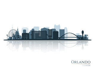 Orlando skyline silhouette with reflection. Landscape Orlando, Florida. Vector illustration. - obrazy, fototapety, plakaty