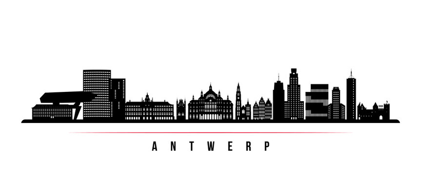 Antwerp skyline horizontal banner. Black and white silhouette of Antwerp, Belgium. Vector template for your design.