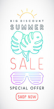Vertical Summer Sale template with monstera leaves, sun and sunglasses. Vector illustration.