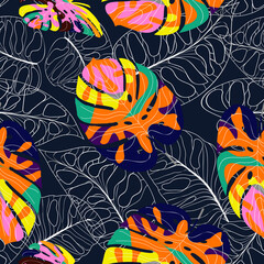 Seamless pattern of large leaves of monstera.