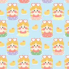 Obraz na płótnie Canvas Seamless pattern of cute girl in swimming ring with duck cartoon.Summer concept.Kid graphic design.Fun time.Isolated.Kawaii.Vector.Illustration.