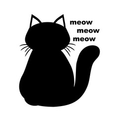 Cute black cat sitting with text meow shadow silhouette flat vector icon design.