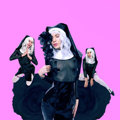 Sexy Party blonde model in a nun costume. Role-playing games, halloween, adult shop concept....