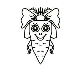 Carrot, cartoon character with a face, freehand drawing, with a black stroke, on a transparent background