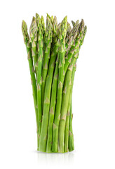 Bunch of green raw asparagus isolated on white background.