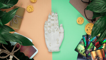 Obraz premium Ritual with tarot cards or fortune telling with occult and esoteric symbols.