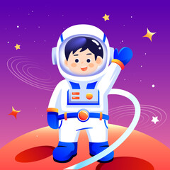 Astronaut in space suit working in space with universe and planet in background, moon day for man, world space day, vector illustration
