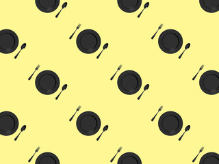 seamless pattern. kitchen utensils on a pastel yellow background. fork, spoon, plate. Template for surface application. Flat lay. Horizontal image. 3D image. 3D rendering.
