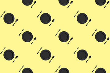 seamless pattern. kitchen utensils on a pastel yellow background. fork, spoon, plate. Template for surface application. Flat lay. Horizontal image. 3D image. 3D rendering.