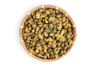 Chrysanthemum flower for tea, dried chrysanthemum buds in basket on white background. healthy beverage concept.