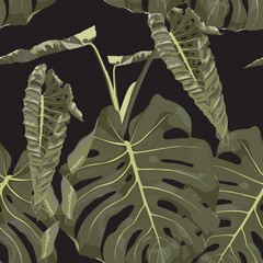 Tropical green monstera leaf illustration. Exotic seamless pattern on black background.