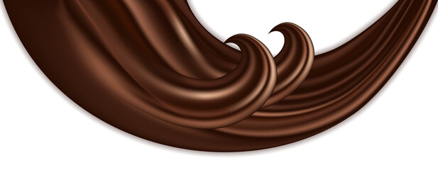 Chocolate swirl wave. Creamy milk chocolate, dark brown color flow, smooth liquid texture. Design element isolated on white background. Abstract vector illustration