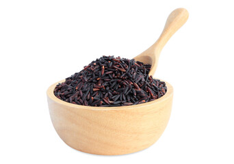 Close up of riceberry rice in wooden bowl on white background with clipping path.