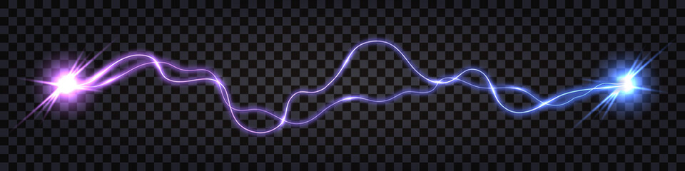 Electric discharge collision; blue vs purple shock effect.; glowing lightning thunder bolt. Electric light flash; power wire impulse. Swirl wavy cable. Isolated effect. Vector illustration