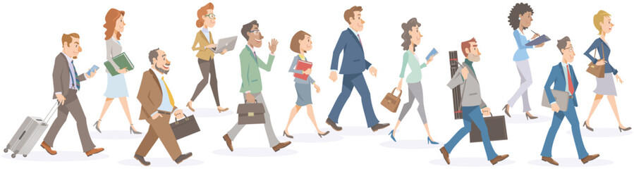 Set of business people walking on white background. Diverse office workers walking with smile. Vector illustration in flat cartoon style.